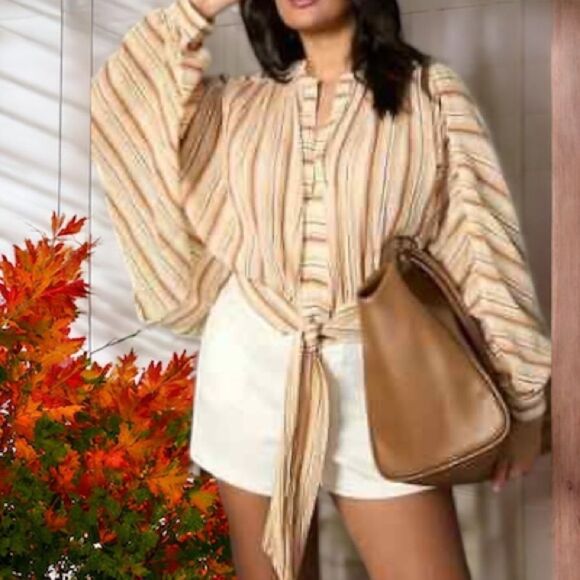 By ANTHROPOLOGIE Women’s Tie-Front Boho Blouse in the Size XXSP in Striped Print - Picture 4 of 15